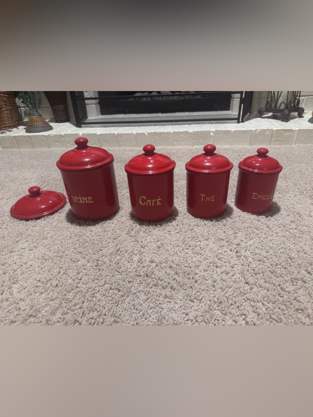 VTG French Red Enamelware 4pc Kitchen Canisters w/Lids FARINE CAFÉ THÉ ÉPICES